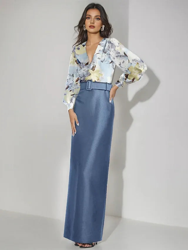 Dress Mermaid Evening Dress Formal Wedding Floor Length Long Sleeve V Neck Satin With Floral Print Wedding Guest Dress