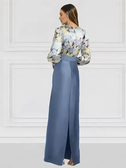 Dress Mermaid Evening Dress Formal Wedding Floor Length Long Sleeve V Neck Satin With Floral Print Wedding Guest Dress