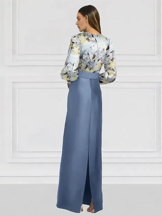 Dress Mermaid Evening Dress Formal Wedding Floor Length Long Sleeve V Neck Satin With Floral Print Wedding Guest Dress