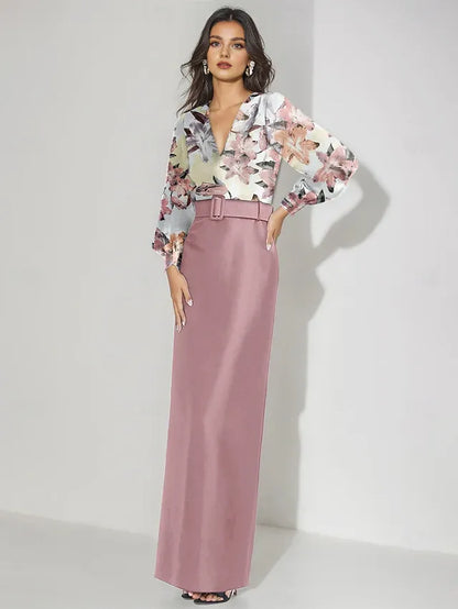 Dress Mermaid Evening Dress Formal Wedding Floor Length Long Sleeve V Neck Satin With Floral Print Wedding Guest Dress