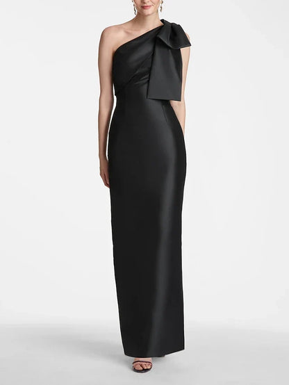 Dress Mermaid Formal Wedding Guest Ankle Length Sleeveless One Shoulder Satin With Bow(s) Slit Evening Dress