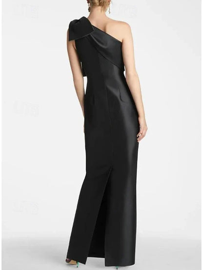 Dress Mermaid Formal Wedding Guest Ankle Length Sleeveless One Shoulder Satin With Bow(s) Slit Evening Dress