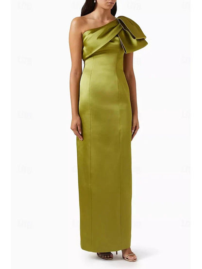 Dress Mermaid Formal Wedding Guest Ankle Length Sleeveless One Shoulder Satin With Bow(s) Slit Evening Dress