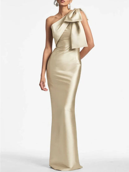 Dress Mermaid Formal Wedding Guest Ankle Length Sleeveless One Shoulder Satin With Bow(s) Slit Evening Dress