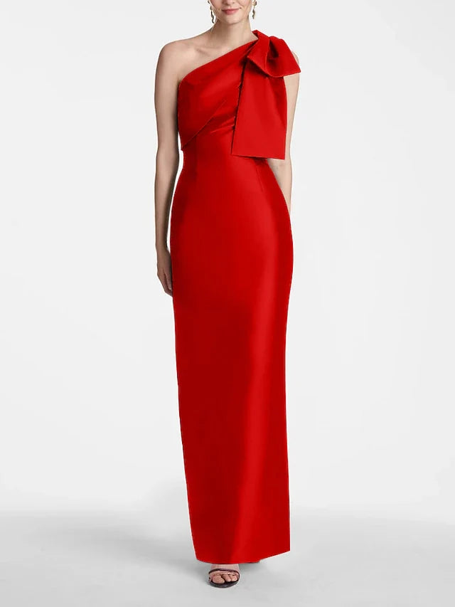 Dress Mermaid Formal Wedding Guest Ankle Length Sleeveless One Shoulder Satin With Bow(s) Slit Evening Dress