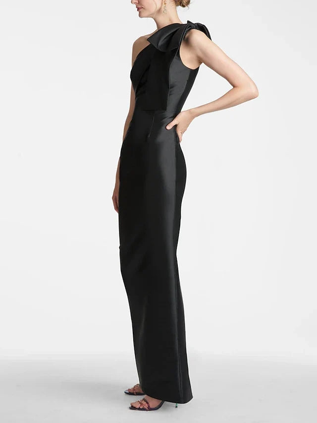 Dress Mermaid Formal Wedding Guest Ankle Length Sleeveless One Shoulder Satin With Bow(s) Slit Evening Dress