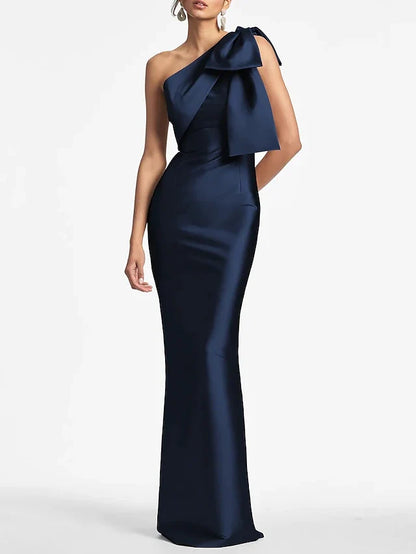 Dress Mermaid Formal Wedding Guest Ankle Length Sleeveless One Shoulder Satin With Bow(s) Slit Evening Dress