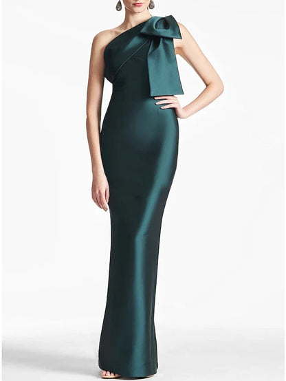 Dress Mermaid Formal Wedding Guest Ankle Length Sleeveless One Shoulder Satin With Bow(s) Slit Evening Dress