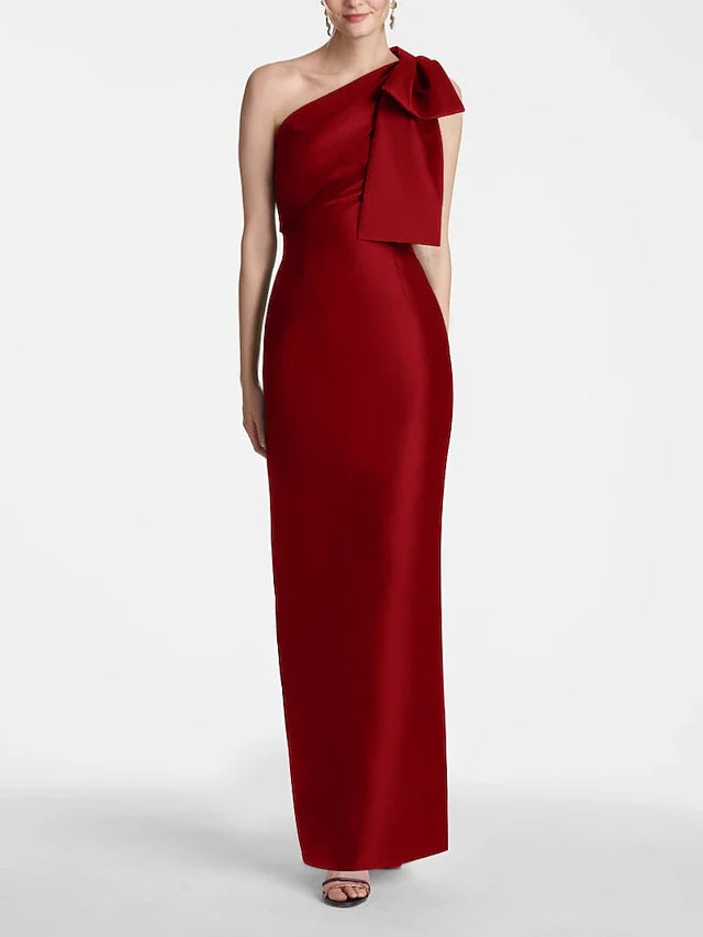 Dress Mermaid Formal Wedding Guest Ankle Length Sleeveless One Shoulder Satin With Bow(s) Slit Evening Dress