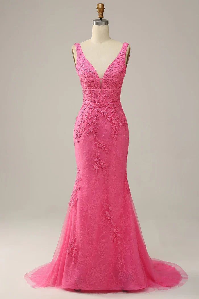 Dress Mermaid Pink Deep V Neck Maxi Dress Prom Dress Sleeveless Solid Color Appliques Party Dress