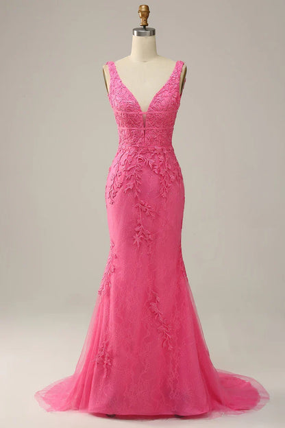 Dress Mermaid Pink Deep V Neck Maxi Dress Prom Dress Sleeveless Solid Color Appliques Party Dress