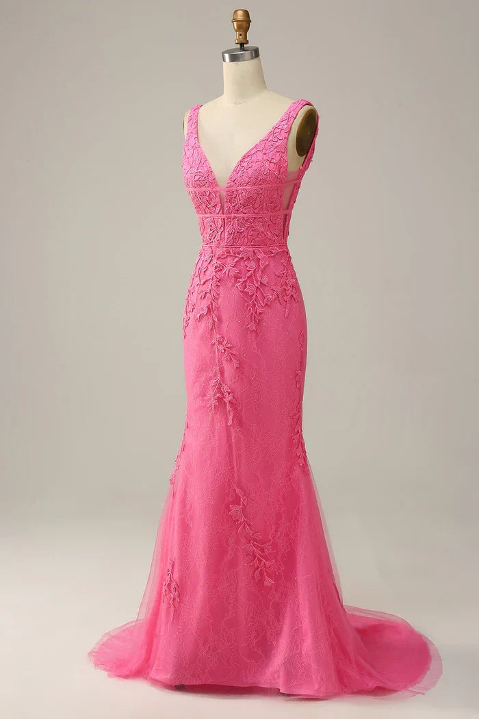 Dress Mermaid Pink Deep V Neck Maxi Dress Prom Dress Sleeveless Solid Color Appliques Party Dress
