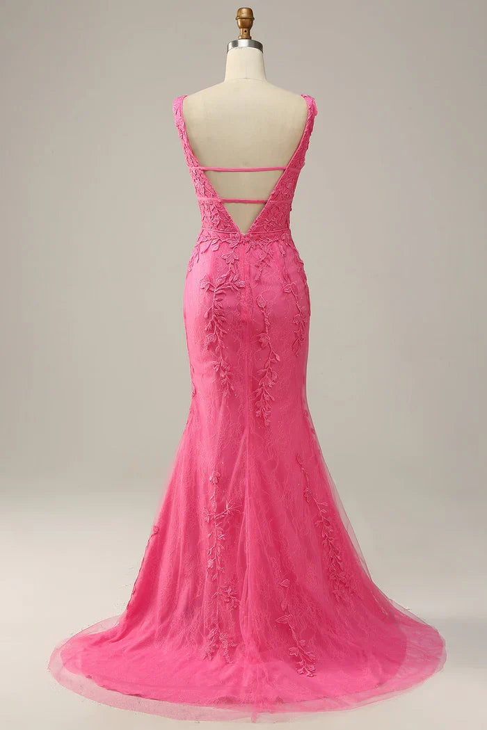 Dress Mermaid Pink Deep V Neck Maxi Dress Prom Dress Sleeveless Solid Color Appliques Party Dress