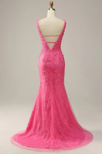Dress Mermaid Pink Deep V Neck Maxi Dress Prom Dress Sleeveless Solid Color Appliques Party Dress