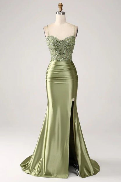 Dress Mermaid Sage Spaghetti Straps Lace-up Back Party Dress Maxi Dress With Slit Prom Dress