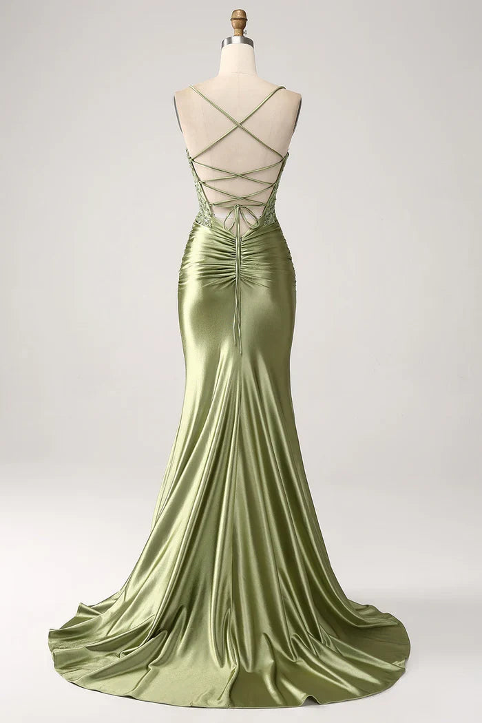 Dress Mermaid Sage Spaghetti Straps Lace-up Back Party Dress Maxi Dress With Slit Prom Dress