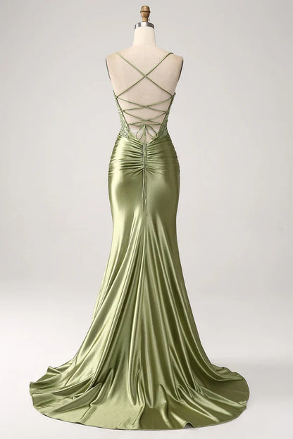 Dress Mermaid Sage Spaghetti Straps Lace-up Back Party Dress Maxi Dress With Slit Prom Dress