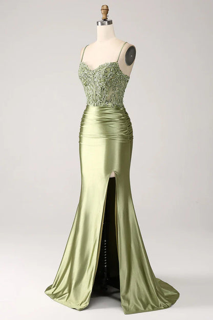 Dress Mermaid Sage Spaghetti Straps Lace-up Back Party Dress Maxi Dress With Slit Prom Dress