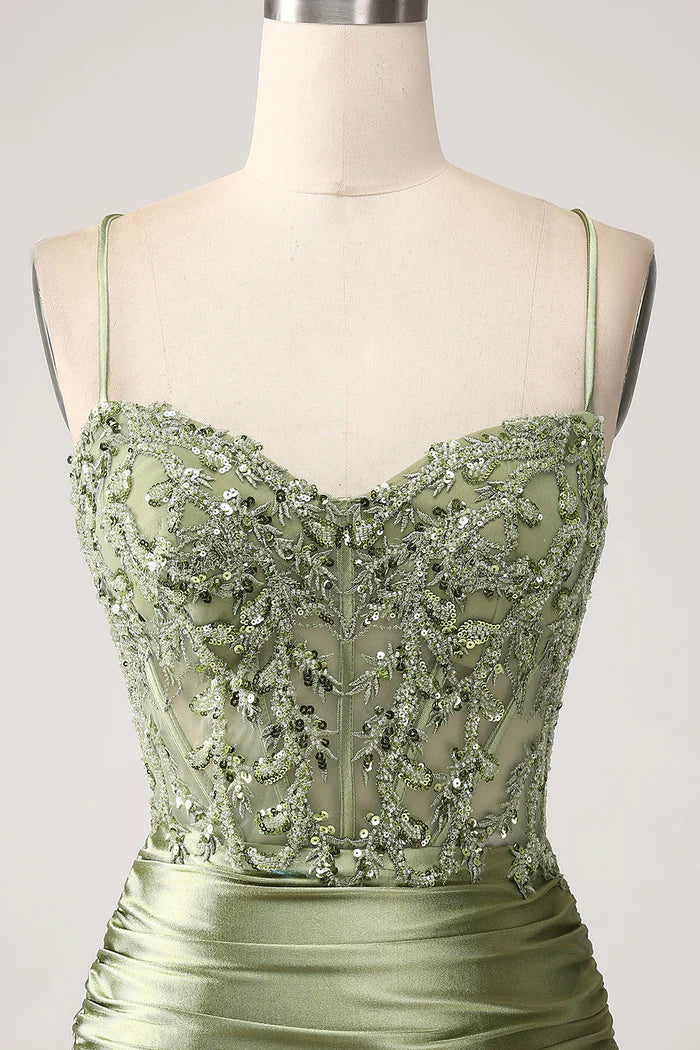 Dress Mermaid Sage Spaghetti Straps Lace-up Back Party Dress Maxi Dress With Slit Prom Dress