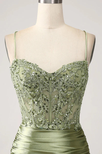 Dress Mermaid Sage Spaghetti Straps Lace-up Back Party Dress Maxi Dress With Slit Prom Dress