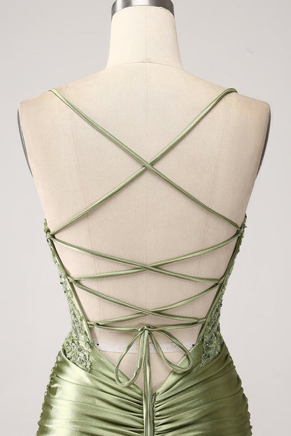 Dress Mermaid Sage Spaghetti Straps Lace-up Back Party Dress Maxi Dress With Slit Prom Dress