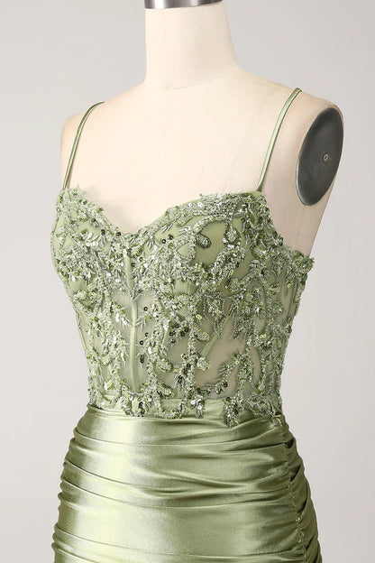 Dress Mermaid Sage Spaghetti Straps Lace-up Back Party Dress Maxi Dress With Slit Prom Dress
