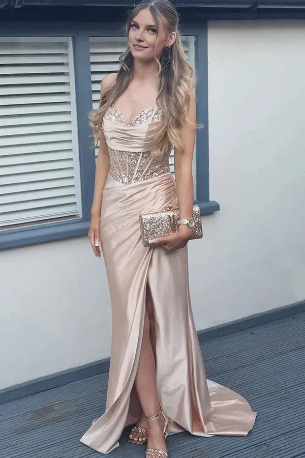 Dress Mermaid Spaghetti Straps Corset Pleated Long Prom Dress with Slit