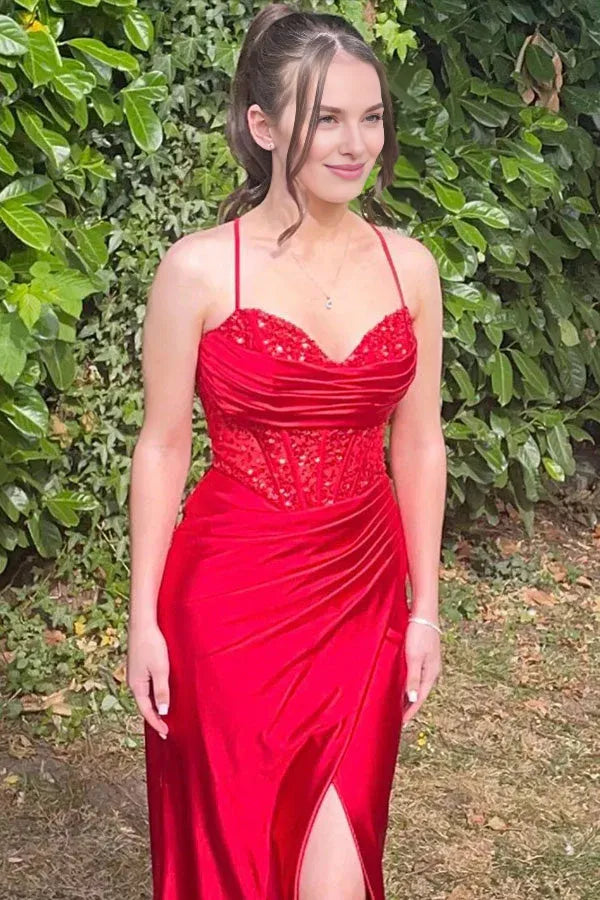 Dress Mermaid Spaghetti Straps Corset Pleated Long Prom Dress with Slit