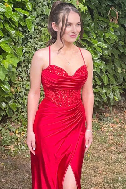 Dress Mermaid Spaghetti Straps Corset Pleated Long Prom Dress with Slit