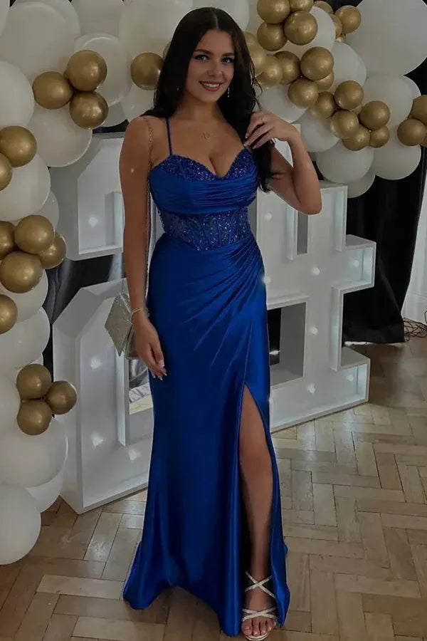 Dress Mermaid Spaghetti Straps Corset Pleated Long Prom Dress with Slit