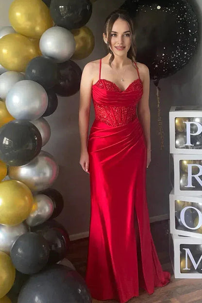 Dress Mermaid Spaghetti Straps Corset Pleated Long Prom Dress with Slit