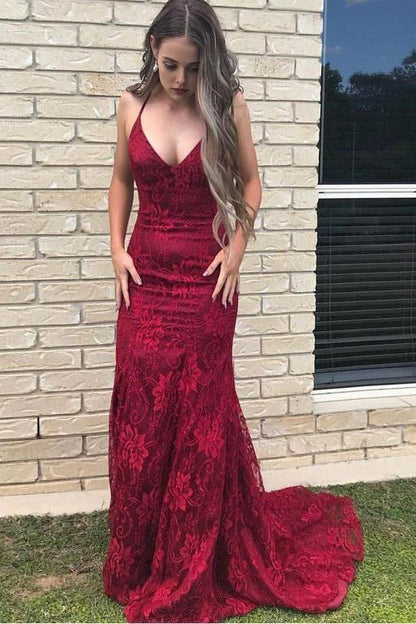 Dress Mermaid Spaghetti Straps Lace Backless Burgundy Prom Dress