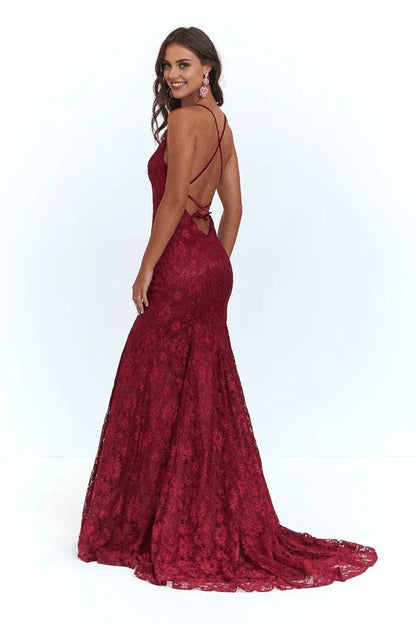 Dress Mermaid Spaghetti Straps Lace Backless Burgundy Prom Dress