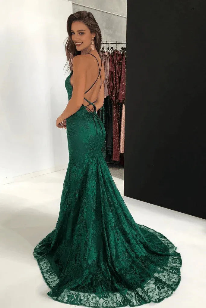 Dress Mermaid Spaghetti Straps Lace Backless Burgundy Prom Dress
