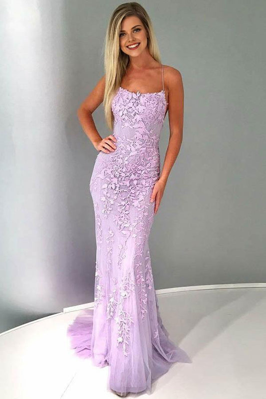 Dress Mermaid Spaghetti Straps Lilac Tulle Prom Evening Dress with Appliques
