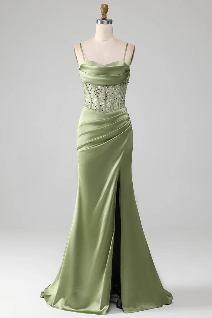 Dress Mermaid Spaghetti Straps Sage Corset Evening Dress With Split Front Prom Dress