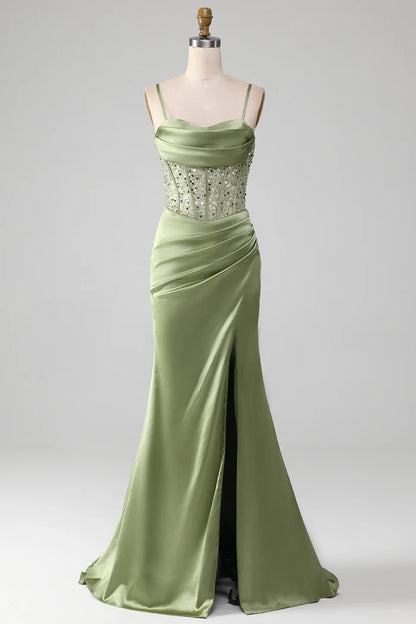 Dress Mermaid Spaghetti Straps Sage Corset Evening Dress With Split Front Prom Dress