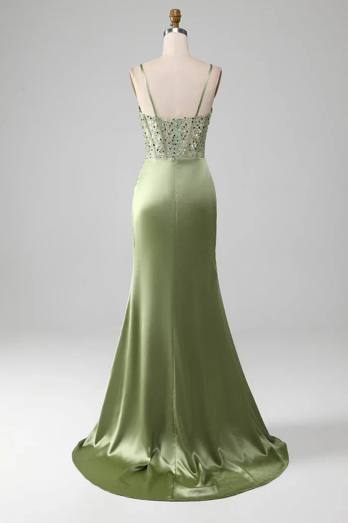 Dress Mermaid Spaghetti Straps Sage Corset Evening Dress With Split Front Prom Dress