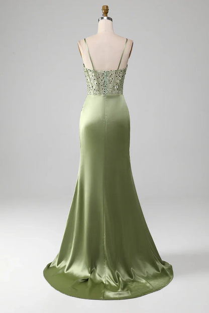 Dress Mermaid Spaghetti Straps Sage Corset Evening Dress With Split Front Prom Dress