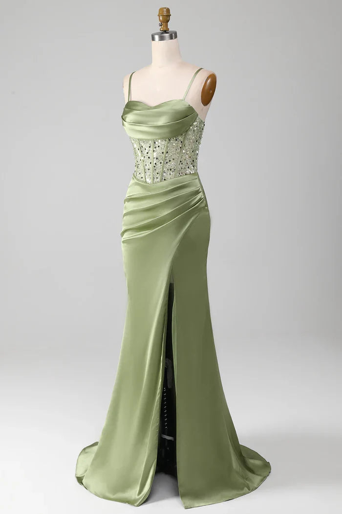 Dress Mermaid Spaghetti Straps Sage Corset Evening Dress With Split Front Prom Dress