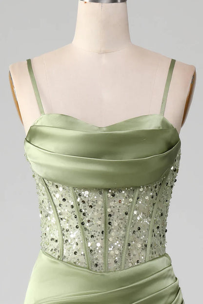 Dress Mermaid Spaghetti Straps Sage Corset Evening Dress With Split Front Prom Dress