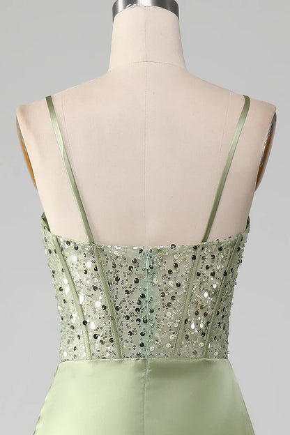 Dress Mermaid Spaghetti Straps Sage Corset Evening Dress With Split Front Prom Dress
