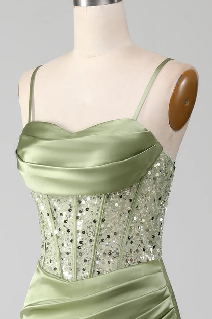 Dress Mermaid Spaghetti Straps Sage Corset Evening Dress With Split Front Prom Dress