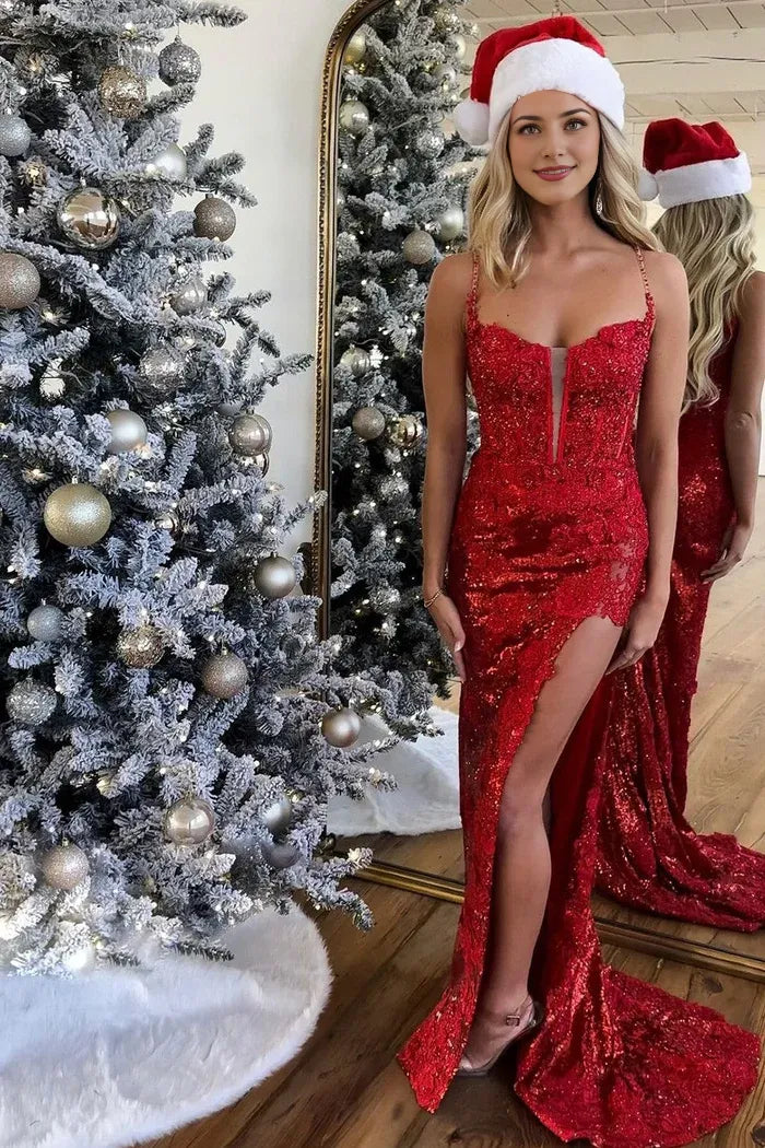 Dress Mermaid Sparkly Spaghetti Straps Lace Up Sleevelsss Prom Dress With Appliques Split Front