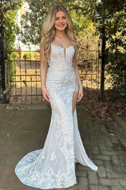 Dress Mermaid Sparkly Spaghetti Straps Lace Up Sleevelsss Prom Dress With Appliques Split Front