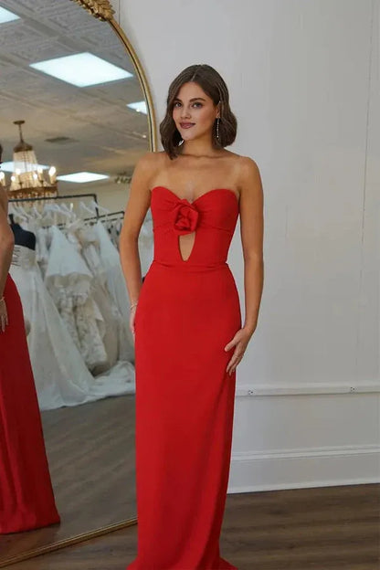 Dress Mermaid Strapless Bodycon Flower Satin Red Long Prom Dress