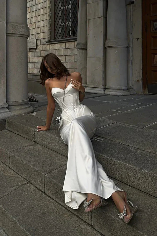 Dress Mermaid Sweetheart Neck Corset Satin White Long Prom Dress