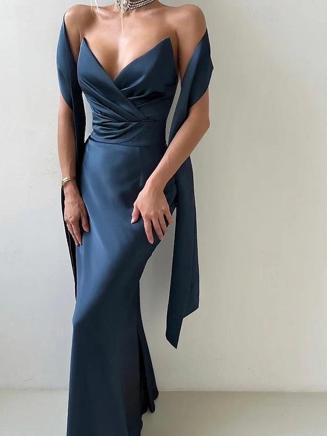 Dress Mermaid / Trumpet Evening Dress Elegant Formal Dress Wedding Floor Length Sleeveless V Neck Satin Backless With Bow(s) Pleats Slit