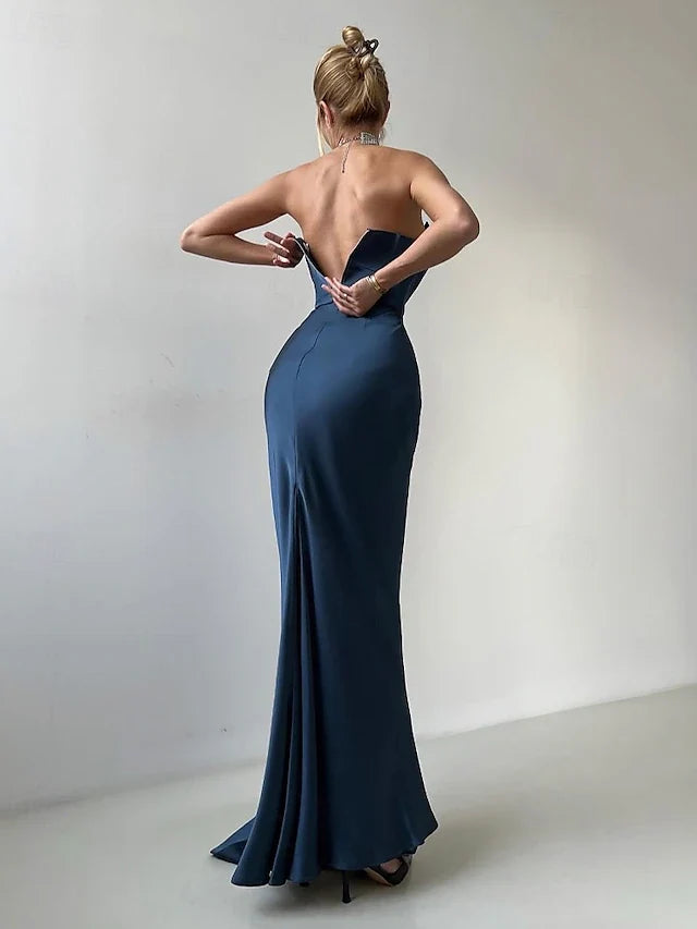 Dress Mermaid / Trumpet Evening Dress Elegant Formal Dress Wedding Floor Length Sleeveless V Neck Satin Backless With Bow(s) Pleats Slit