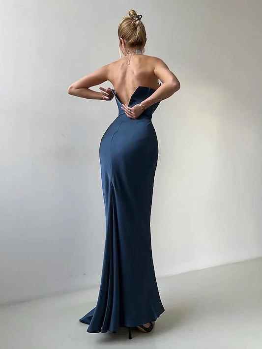 Dress Mermaid / Trumpet Evening Dress Elegant Formal Dress Wedding Floor Length Sleeveless V Neck Satin Backless With Bow(s) Pleats Slit